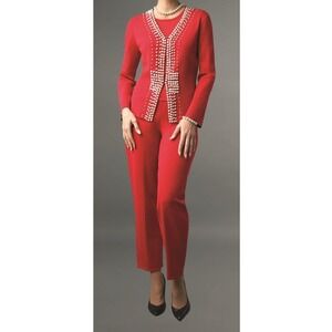 Lily and Taylor Red Pearl Embellished Cardigan Pants Suit Set Women's Size S NWT